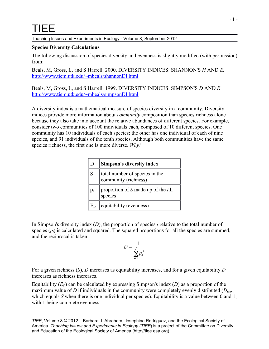 Teaching Issues and Experiments in Ecology - Volume 8, September 2012