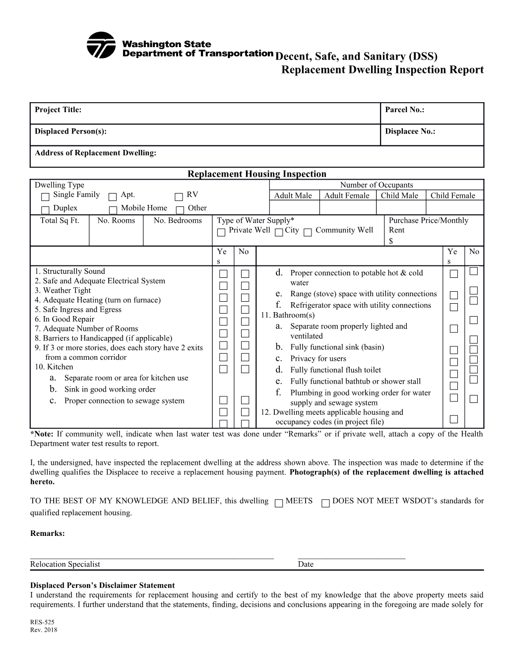 RES 525 (DSS) Replacement Dwelling Inspection Report