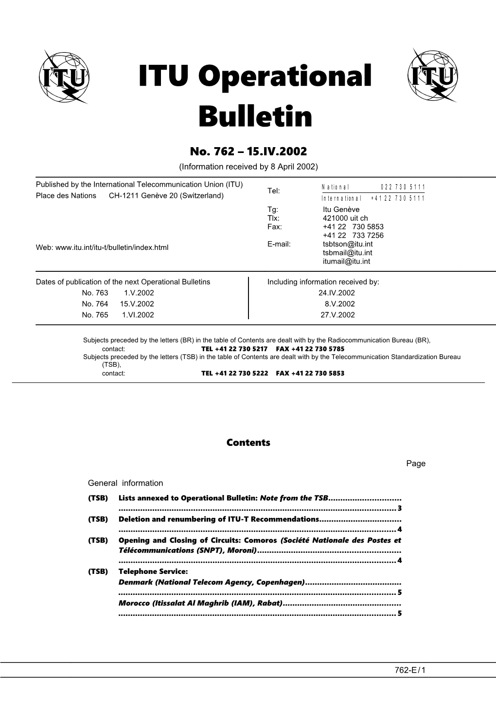 ITU Operational Bulletin 762 - 15.IV.2002