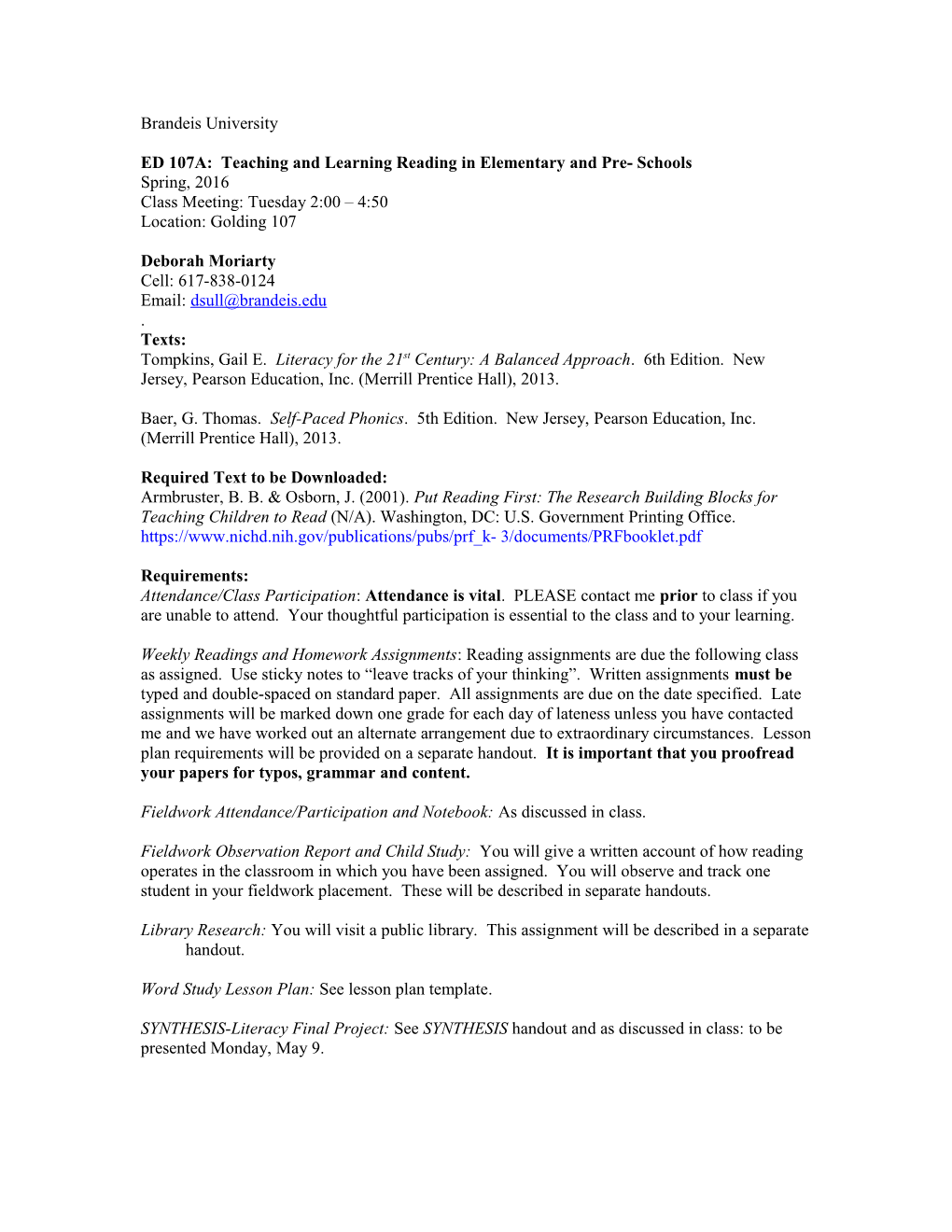 ED 107A: Teaching and Learning Reading in Elementary and Pre- Schools