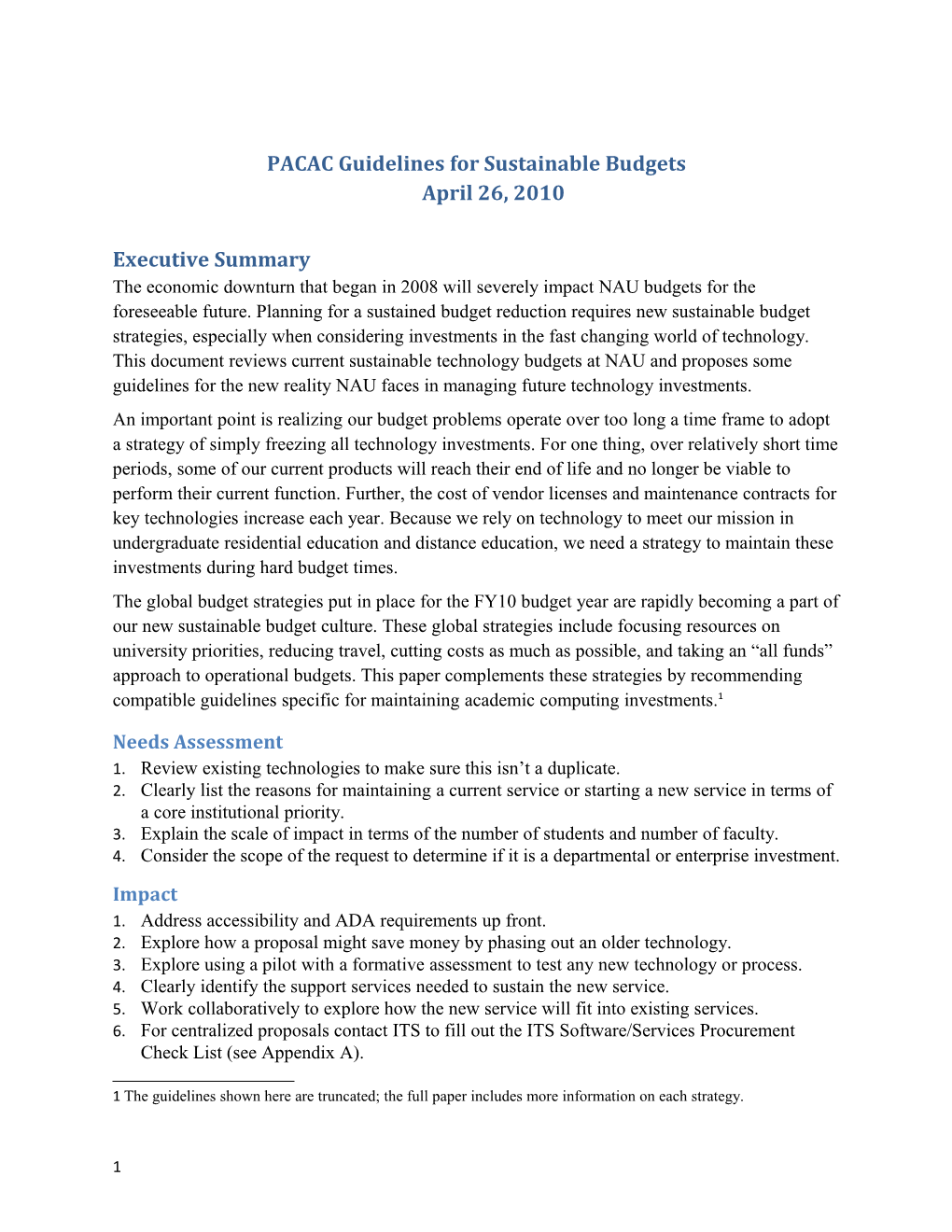 PACAC Guidelines for Sustainable Budgetsapril 26, 2010