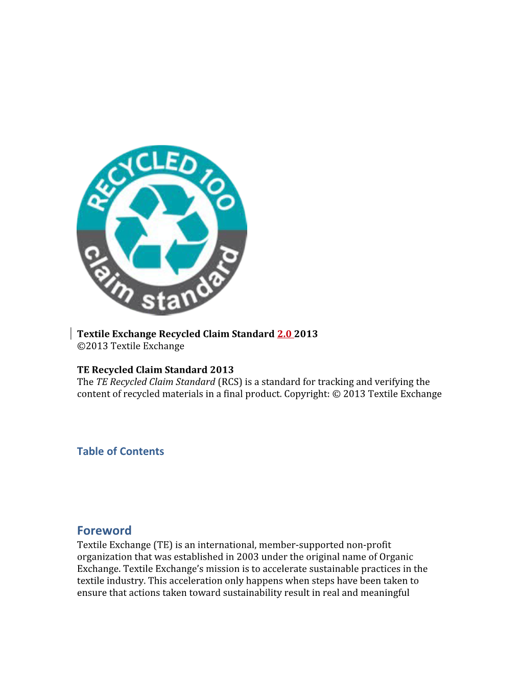 Textile Exchange Recycled Claim Standard 2.0 2013