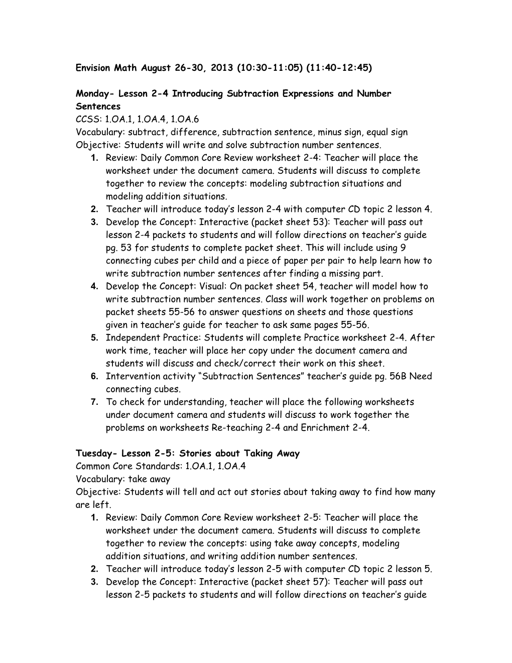 Monday-Lesson 2-4 Introducing Subtraction Expressions and Number Sentences