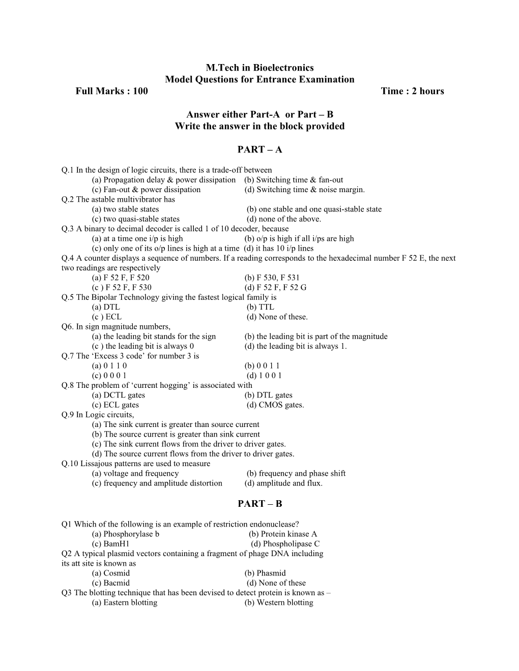 Model Questions for Entrance Examination