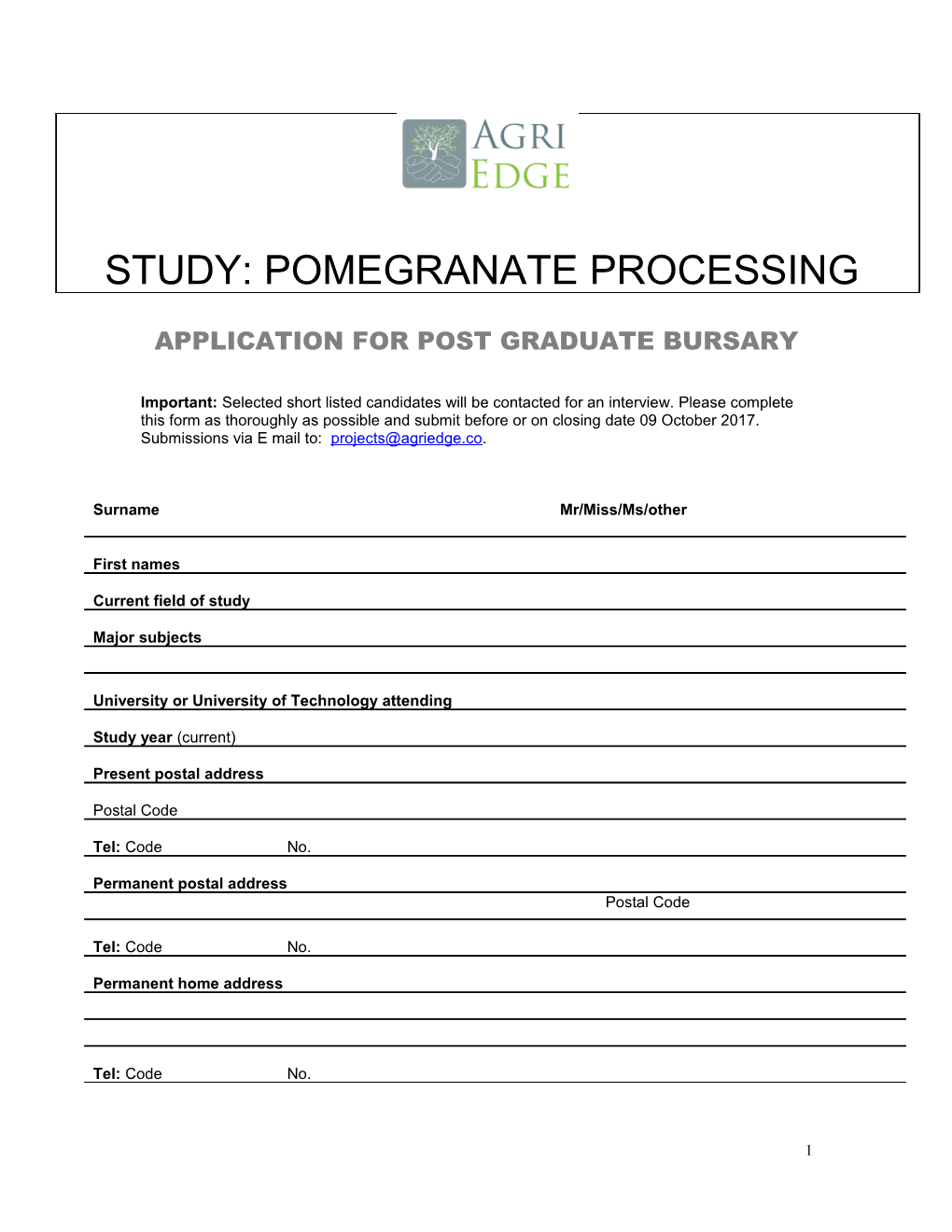 Application for Post Graduate Bursary