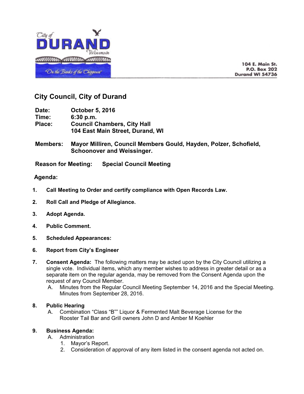 City Council, City of Durand