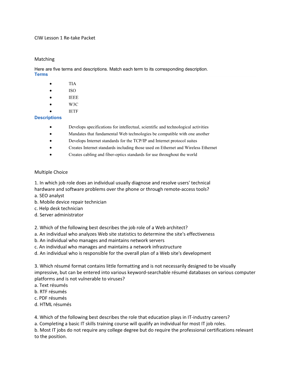 CIW Lesson 1 Re-Take Packet