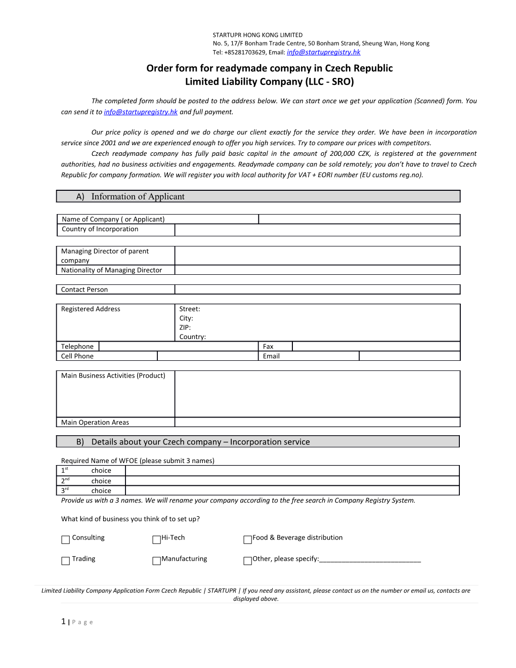 Order Form Czech Republic Incorporation Service