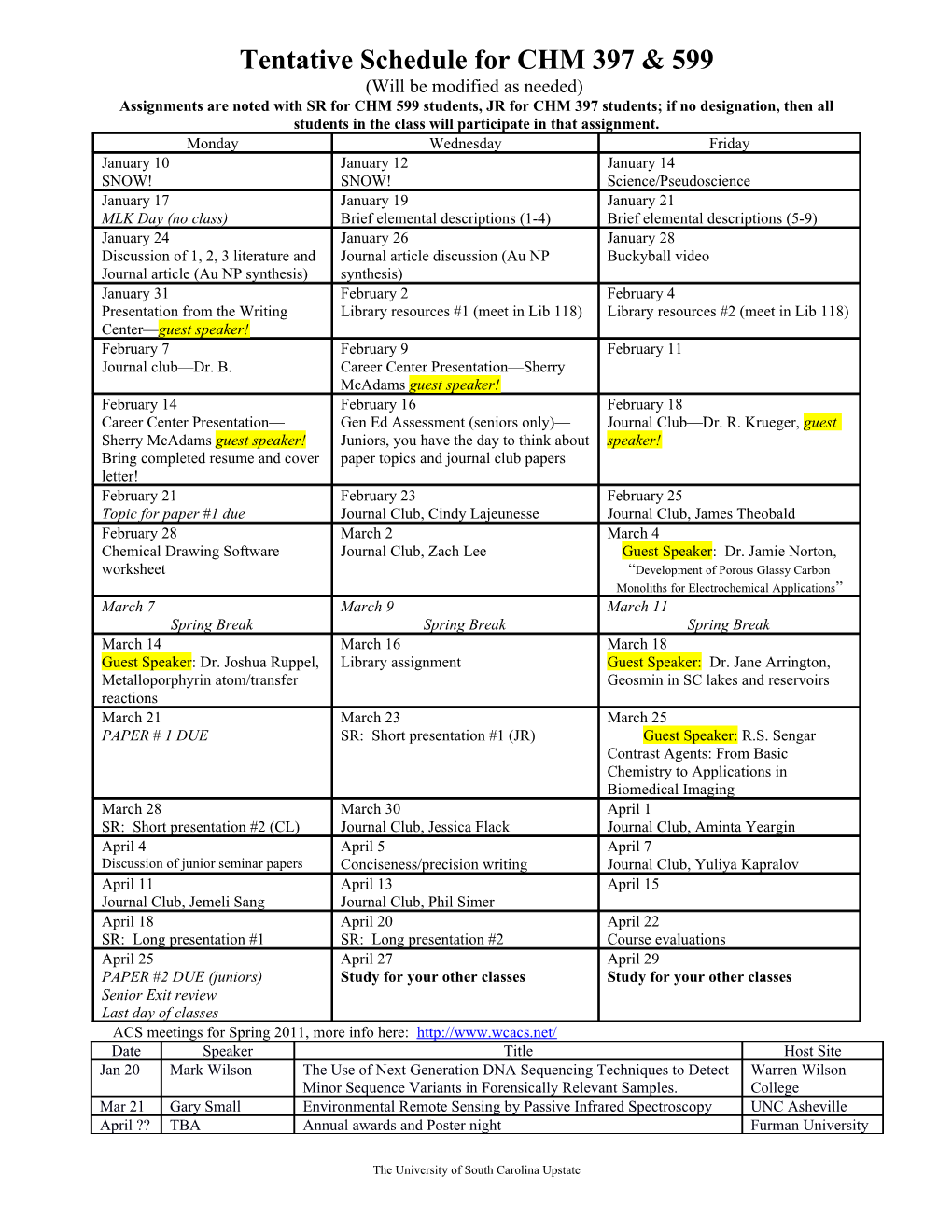 Tentative Schedule for CHM 397 & 599