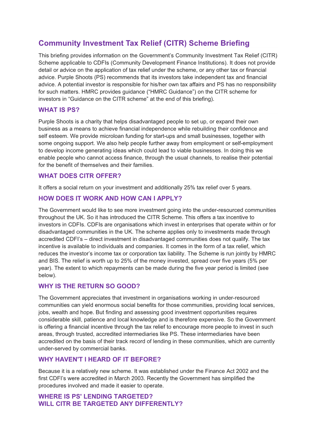 Community Investment Tax Relief (CITR) Scheme Briefing