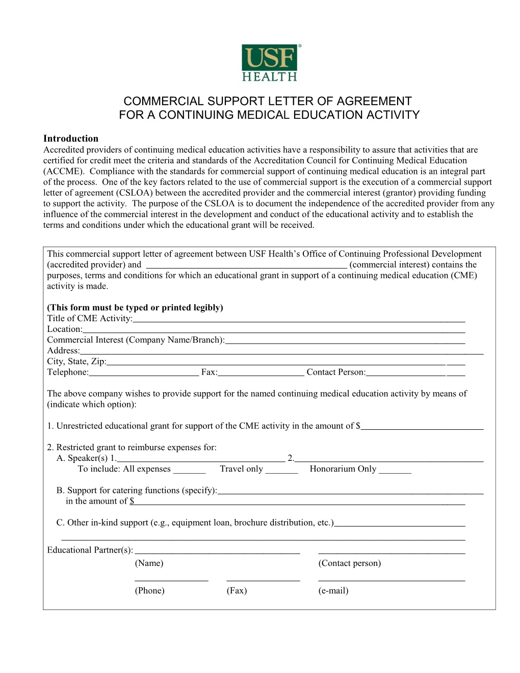 Commercial Support Letter of Agreement