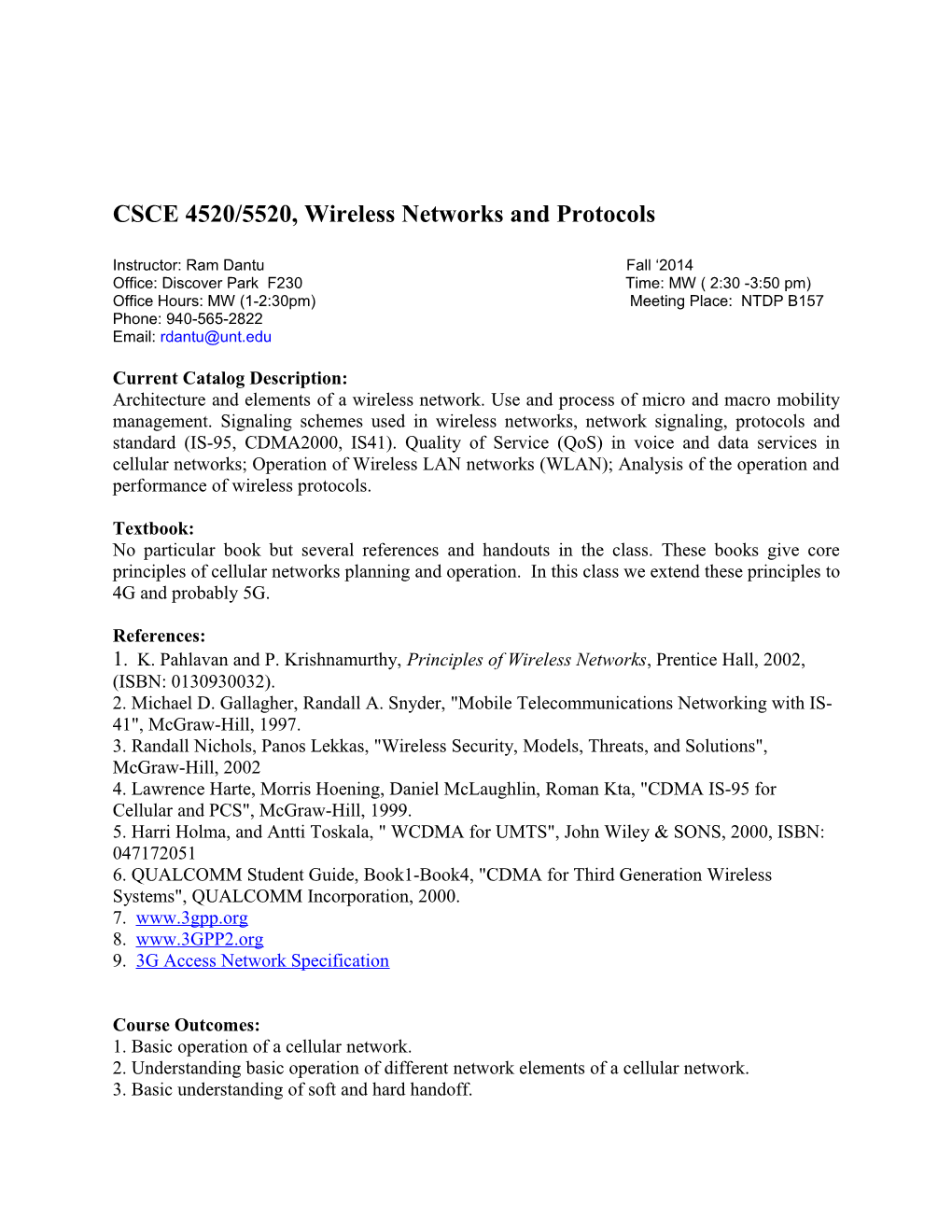 CSCE 4520/5520, Wireless Networks and Protocols