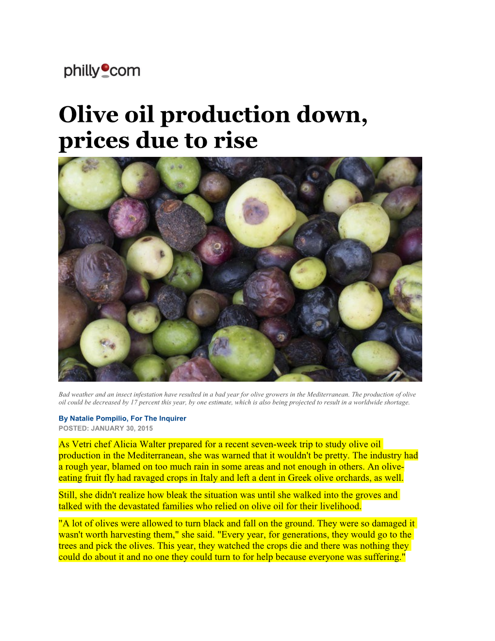 Olive Oil Production Down, Prices Due to Rise
