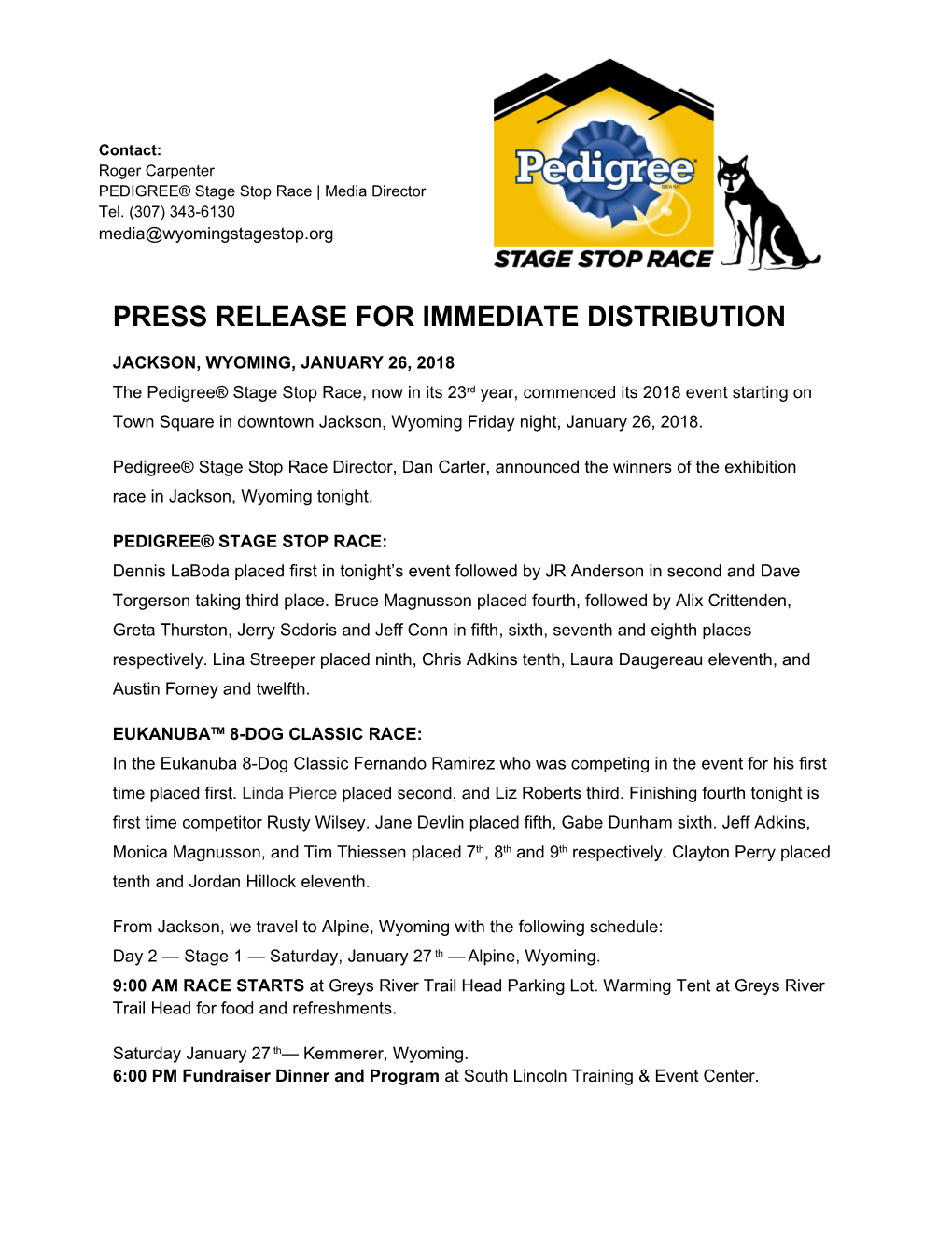 Press Release for Immediate Distribution