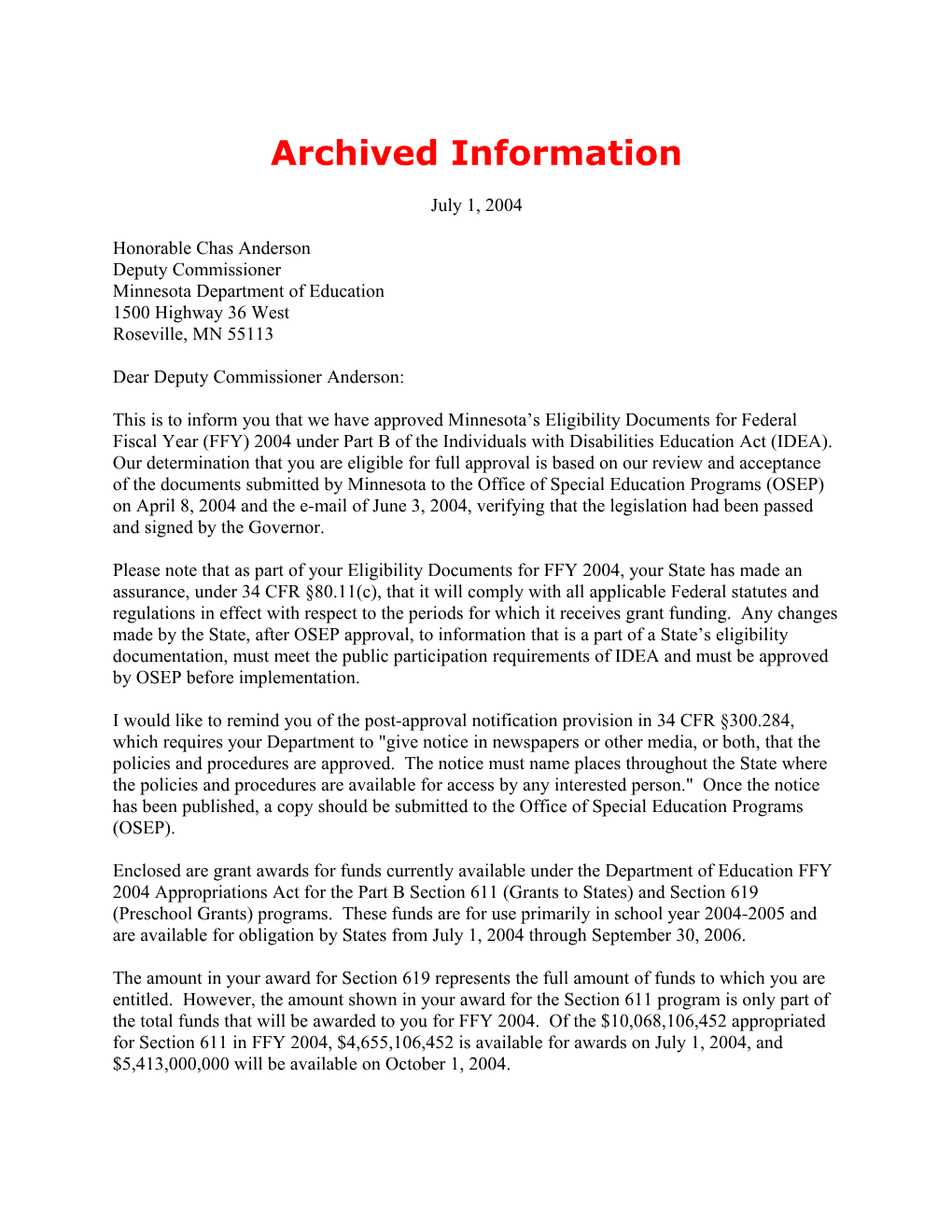 Archived Information: 2004 Minnesota Individuals with Disabilities Act (IDEA) Part B Grant