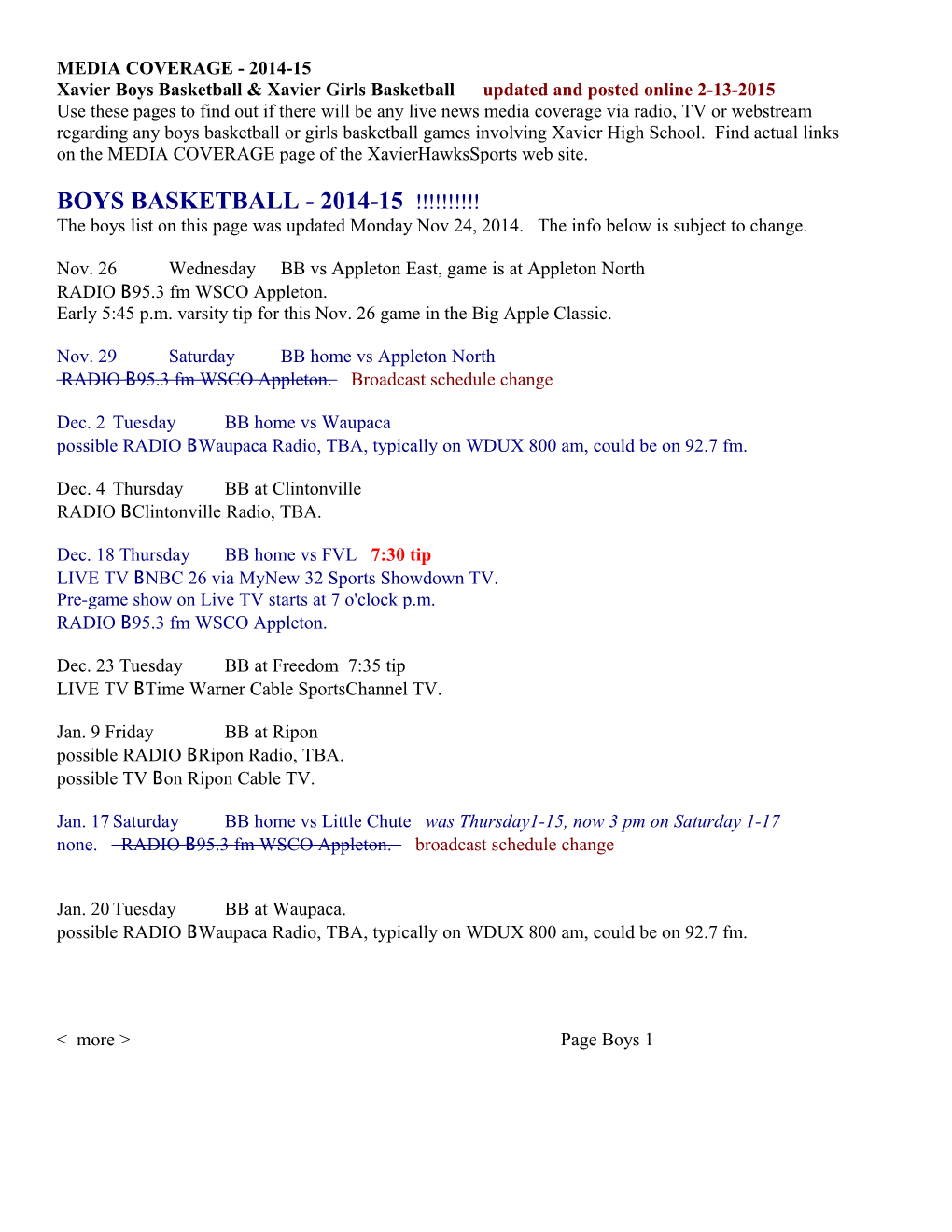 Xavier Boys Basketball & Xavier Girls Basketball Updated and Posted Online 2-13-2015