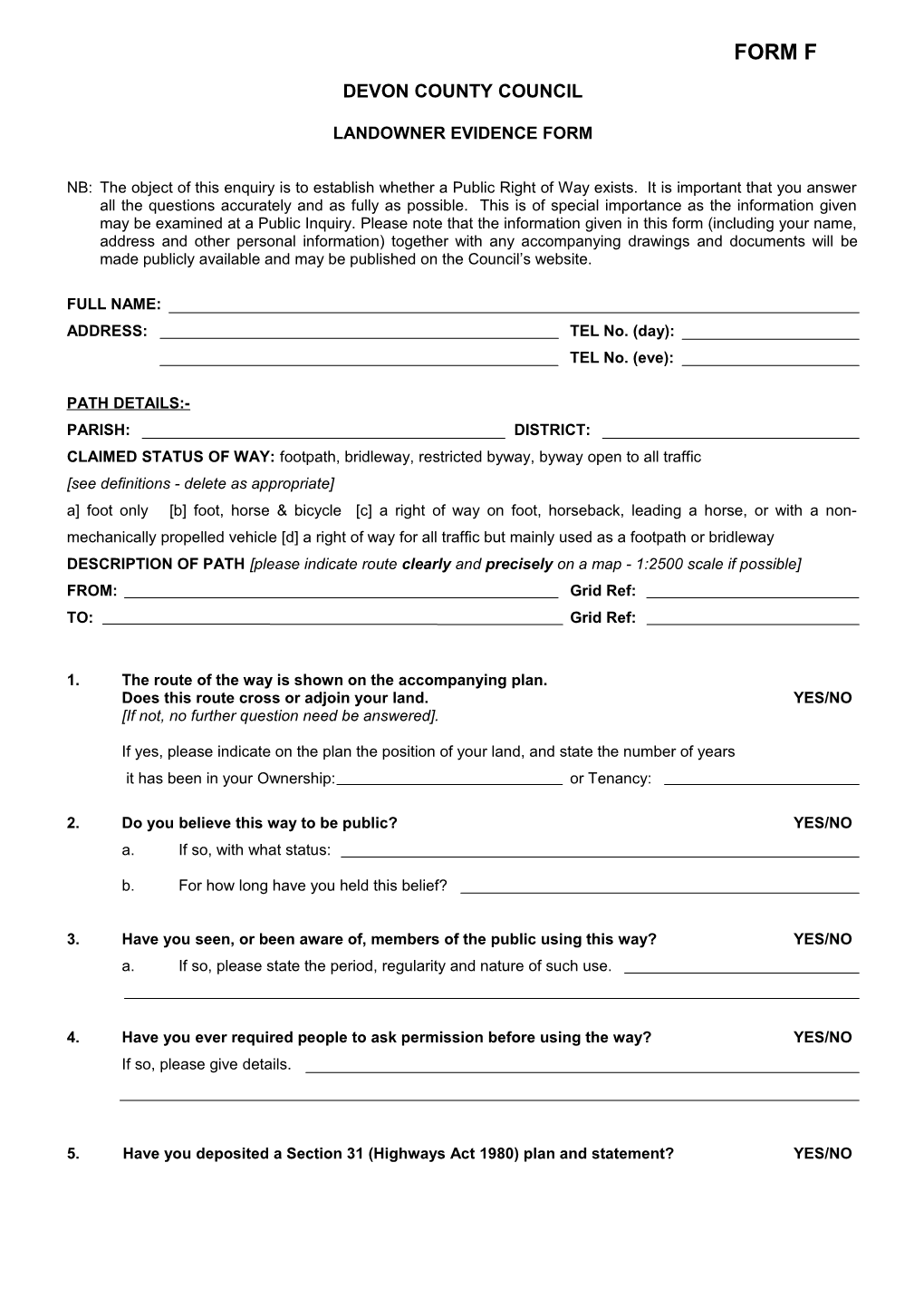 Sc/Form 4 Prow Landowner Evidence Form