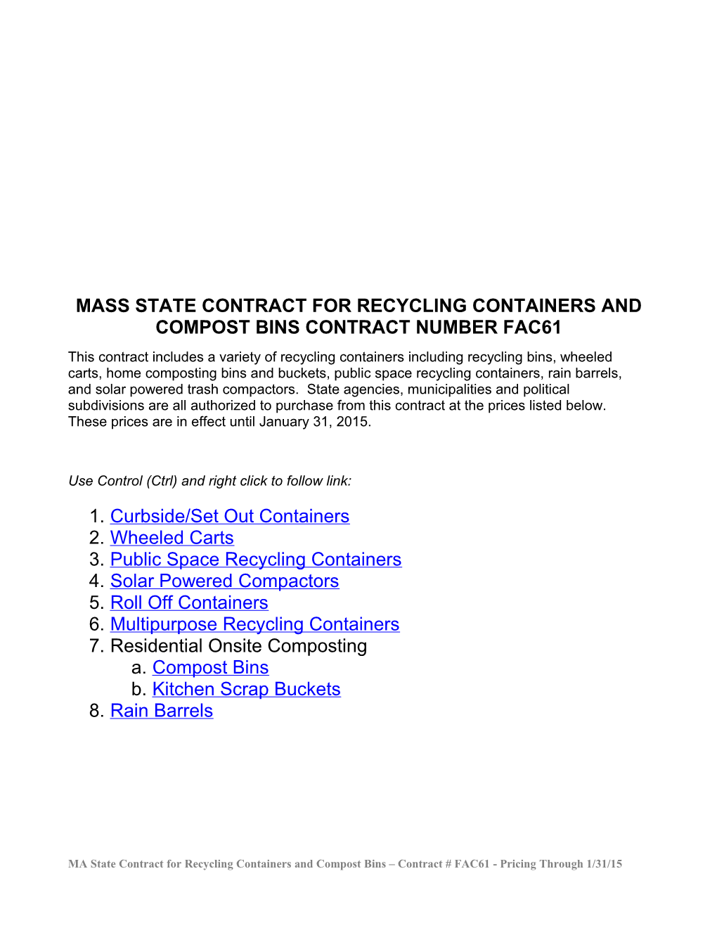 Massstate Contract for Recycling Containers And