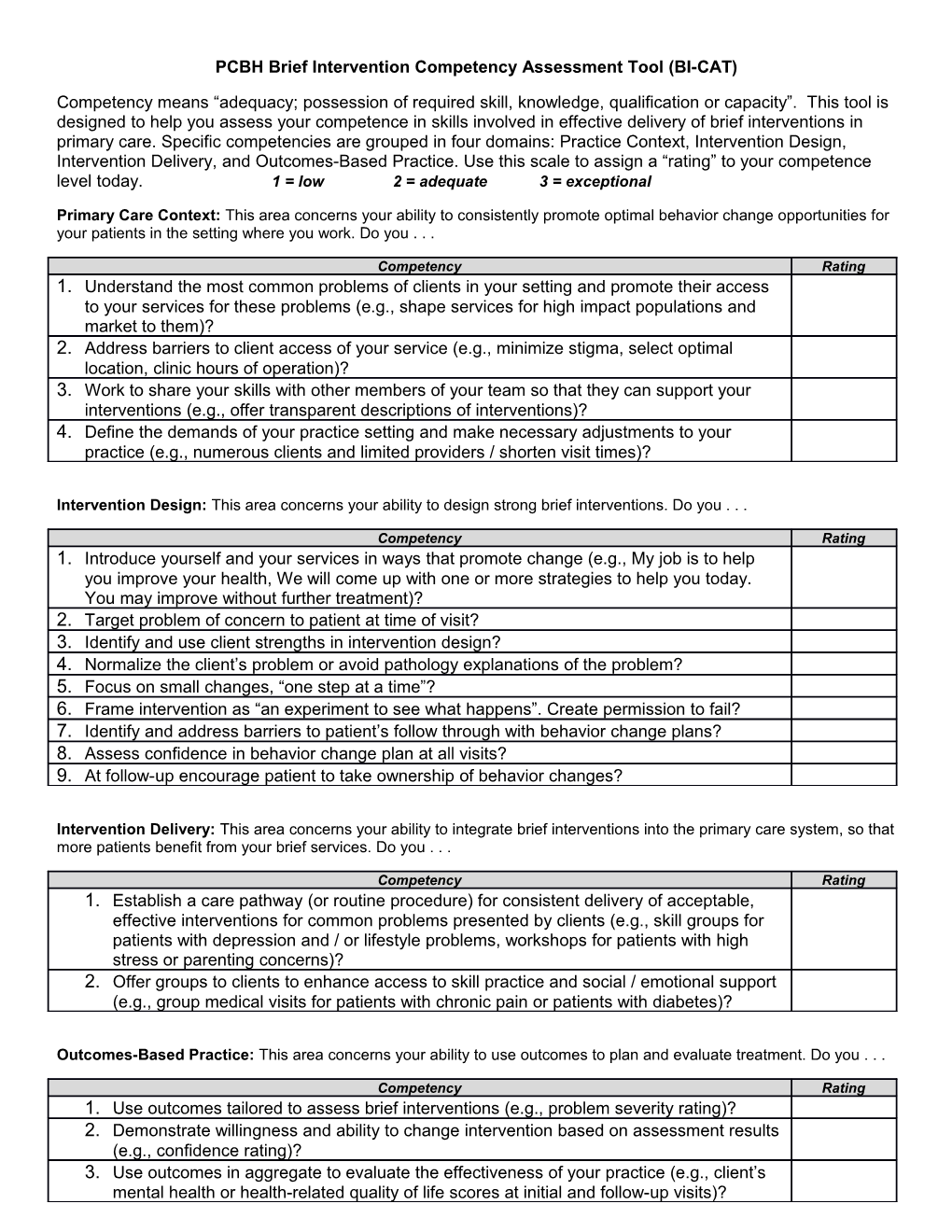 PCBH Brief Intervention Competency Assessment Tool (BI-CAT)