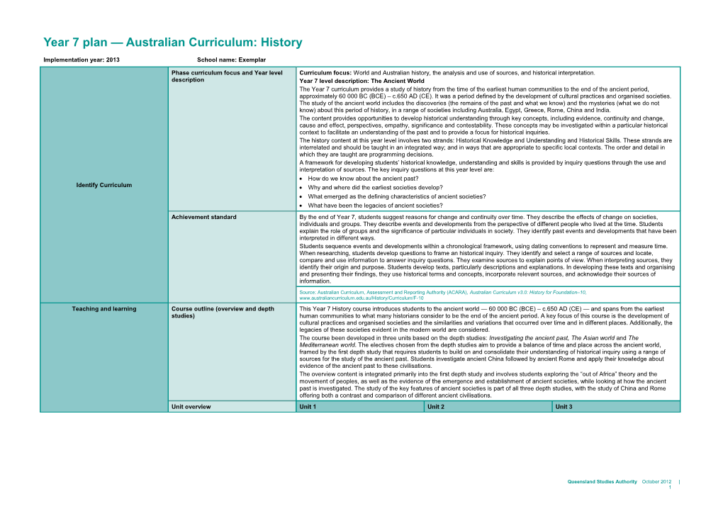 Year 7 Year Plan Australian Curriculum: History