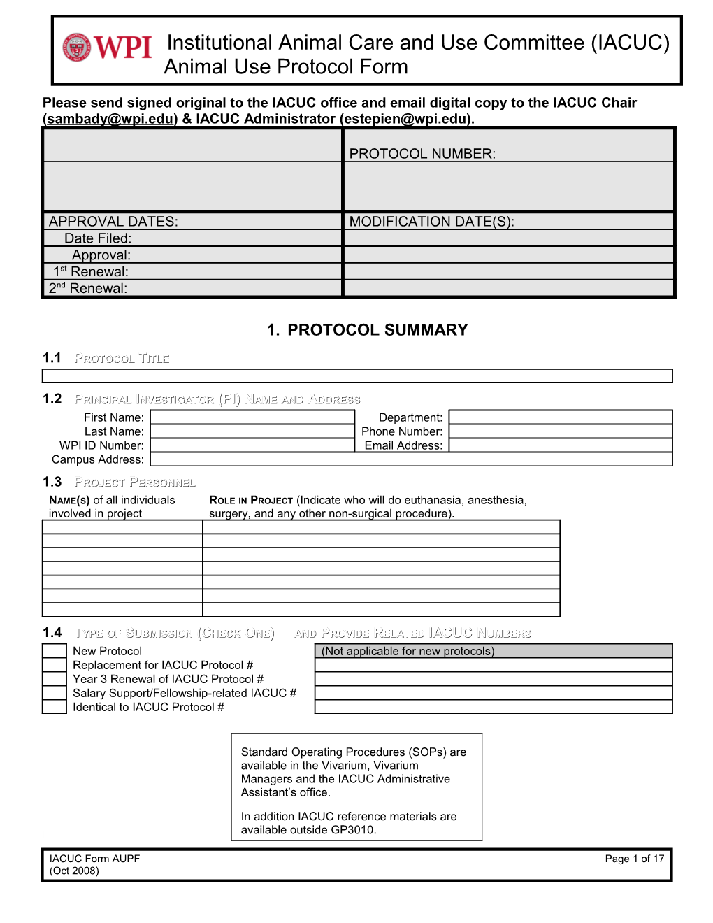 WPI IACUC Animal Use Protocol Form