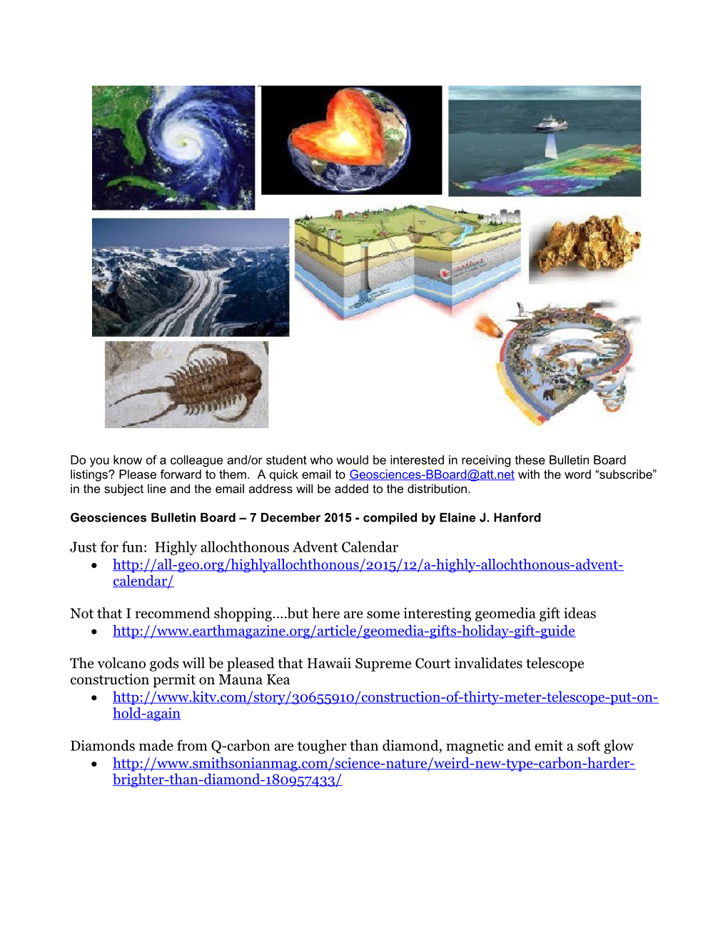 Geosciences Bulletin Board 7 December 2015- Compiled by Elaine J. Hanford