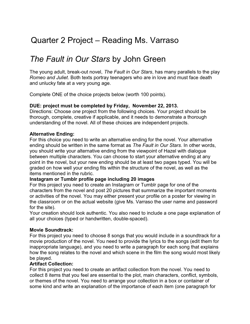 Quarter 2 Project Reading Ms. Varraso