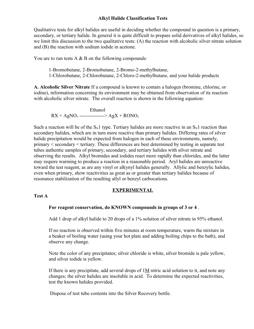 Alkyl Halide Classification Tests