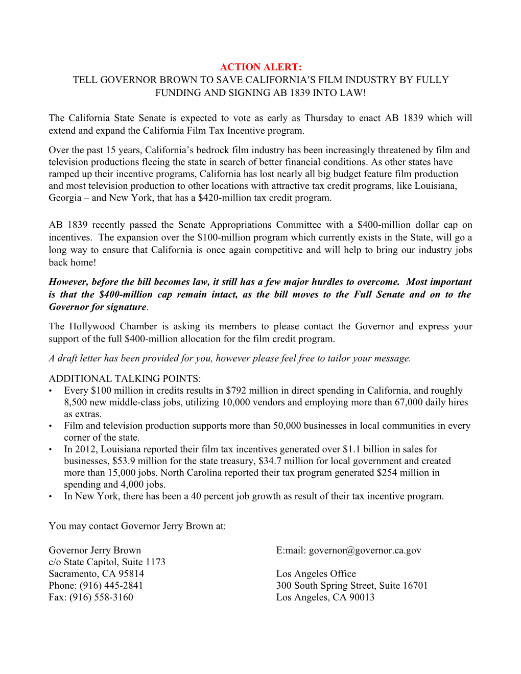 Tell Governor Brown to Save California S Film Industry by Fully Funding and Signing Ab