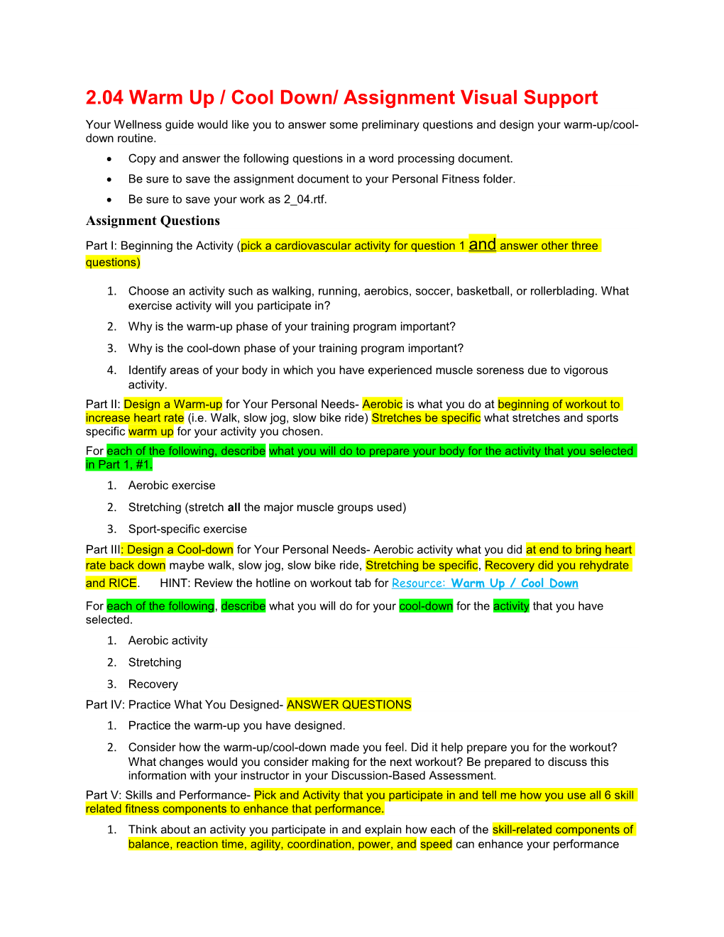 2.04 Warm up / Cool Down/ Assignment Visual Support