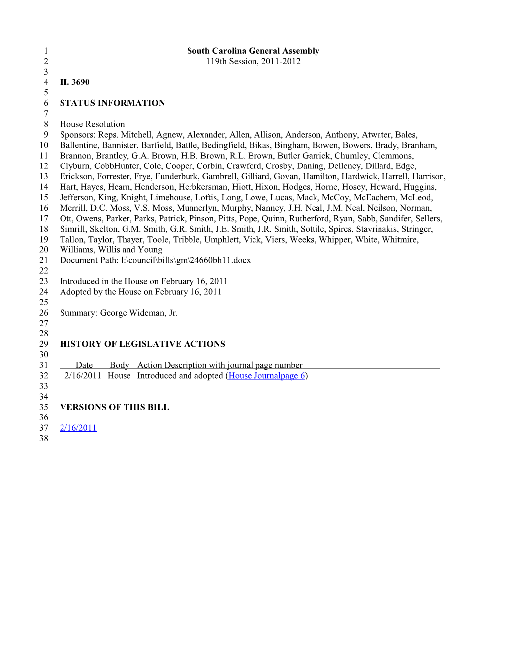 2011-2012 Bill 3690: George Wideman, Jr. - South Carolina Legislature Online