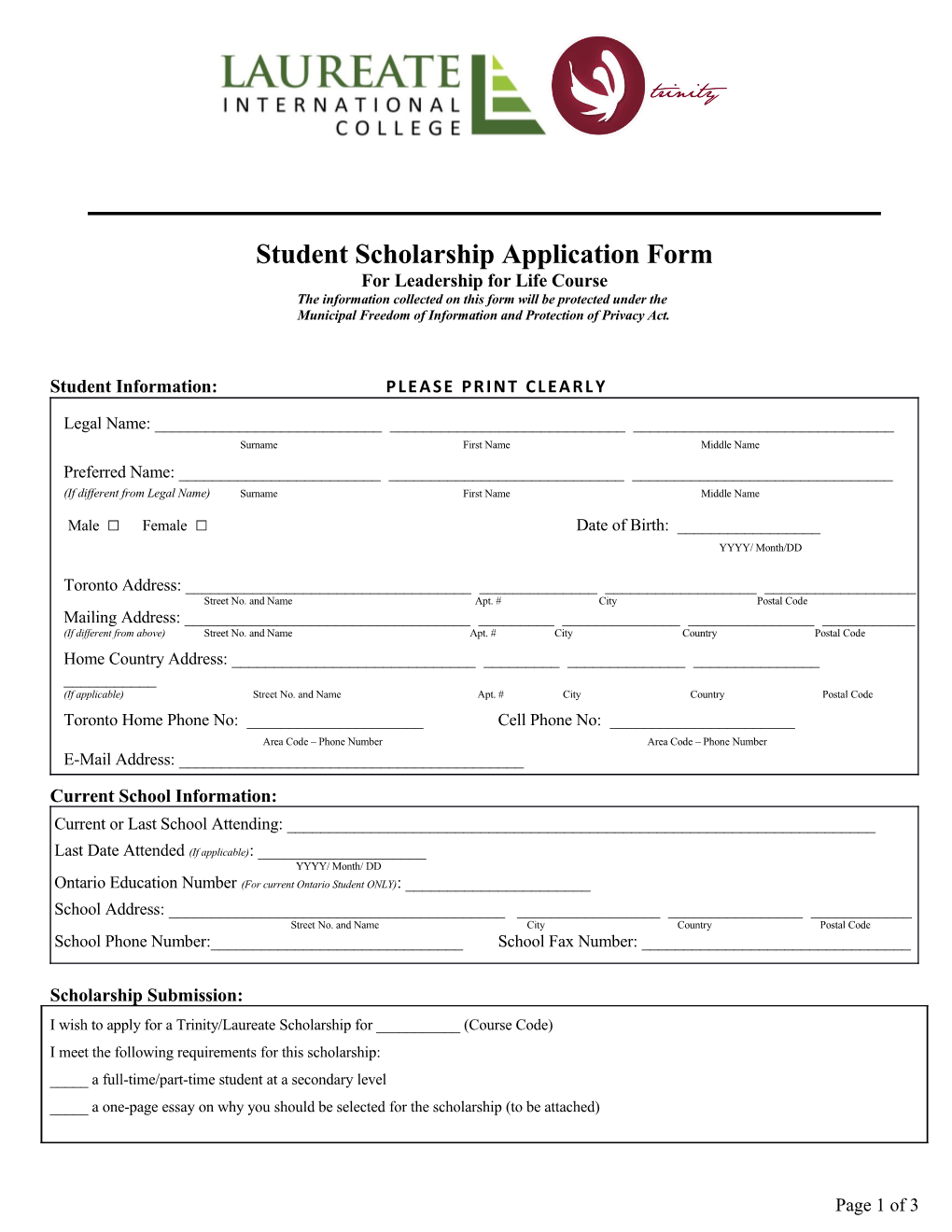 Student Scholarship Application Form