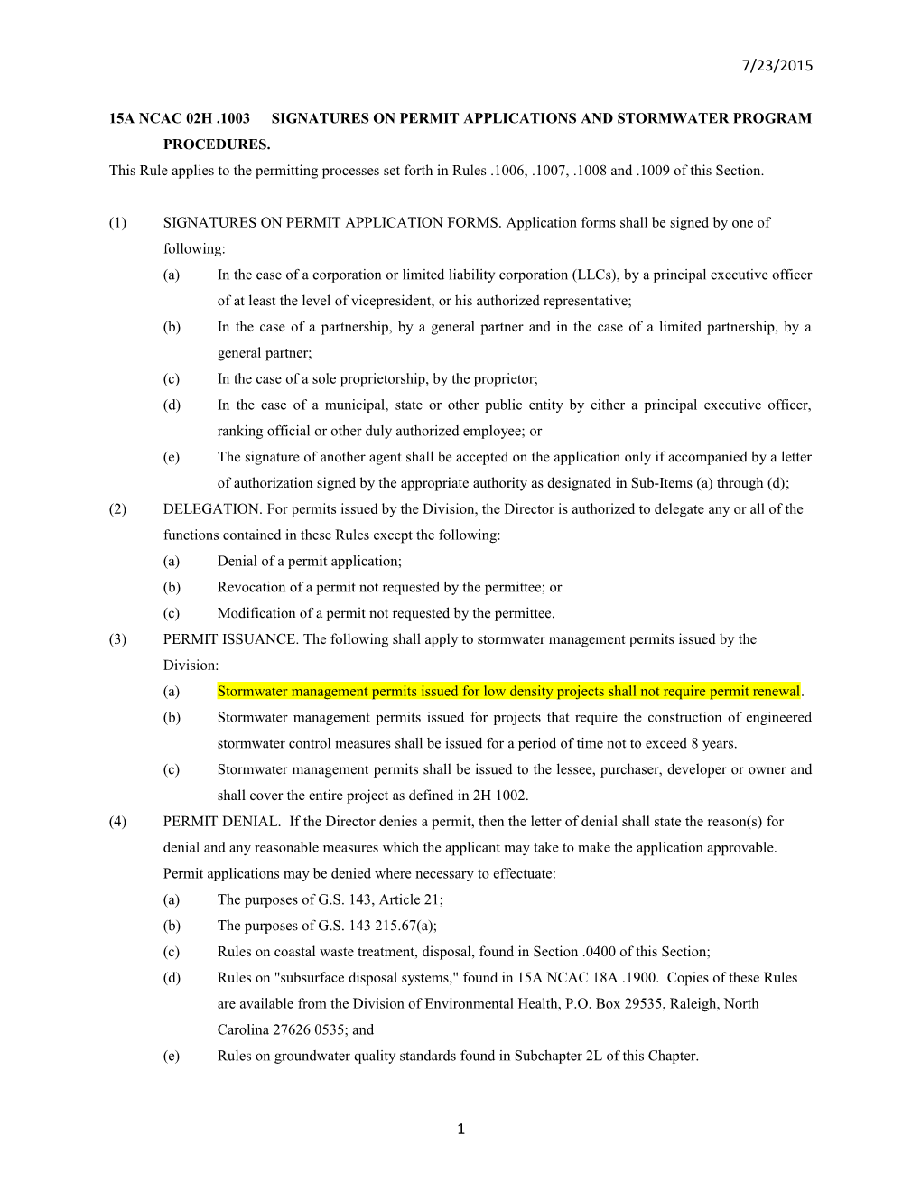 15A Ncac 02H .1003Signatures on Permit Applications and Stormwater Program Procedures