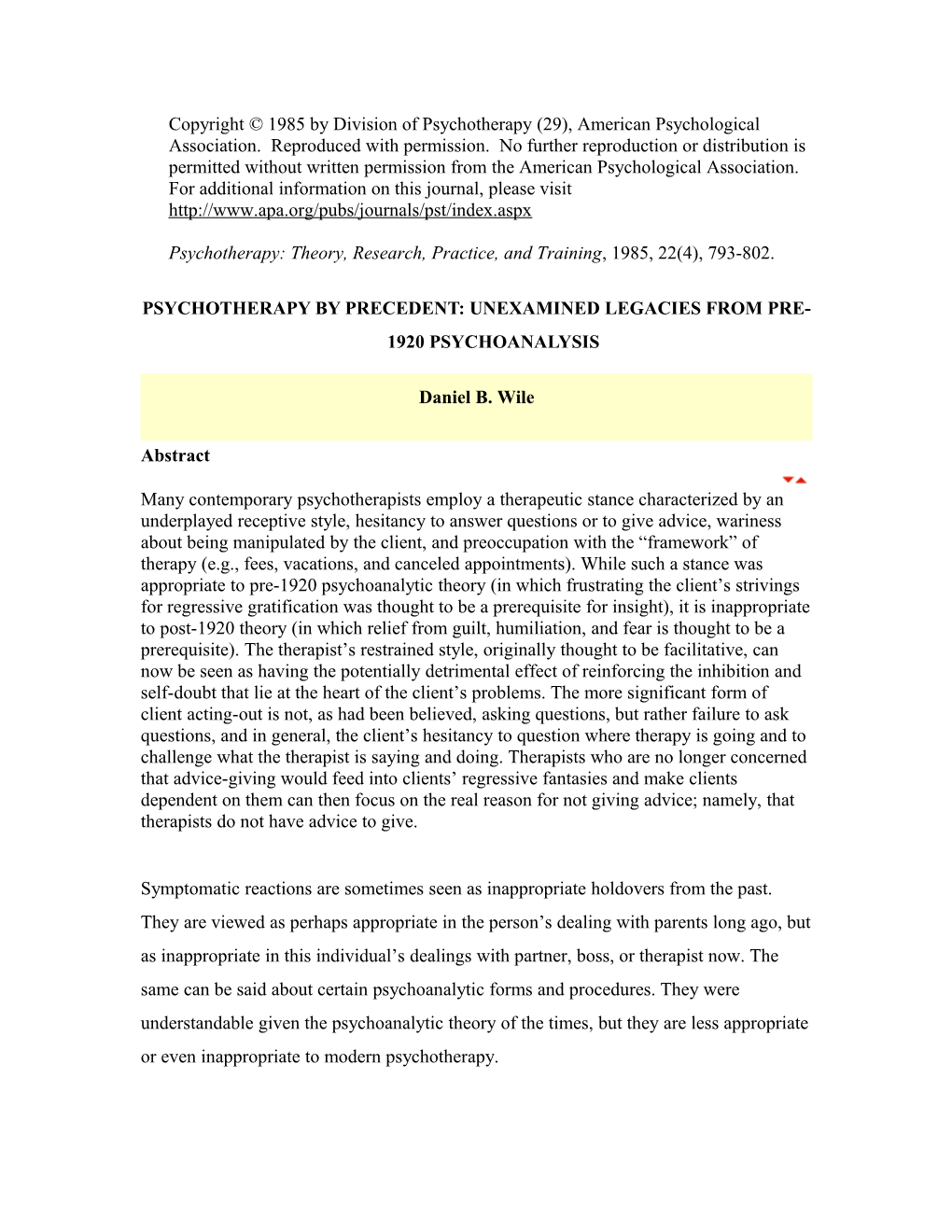 Psychotherapy by Precedent: Unexamined Legacies from Pre-1920 Psychoanalysis