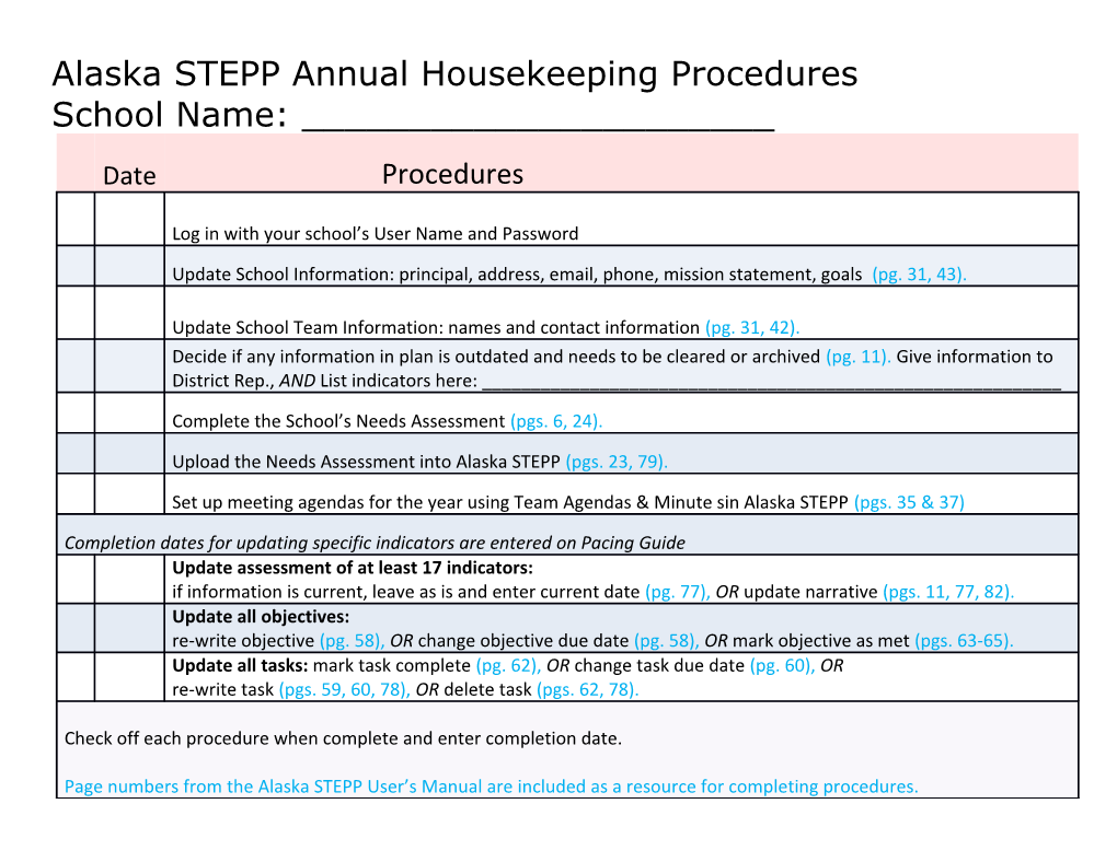 Alaska STEPP Annual Housekeeping Procedures