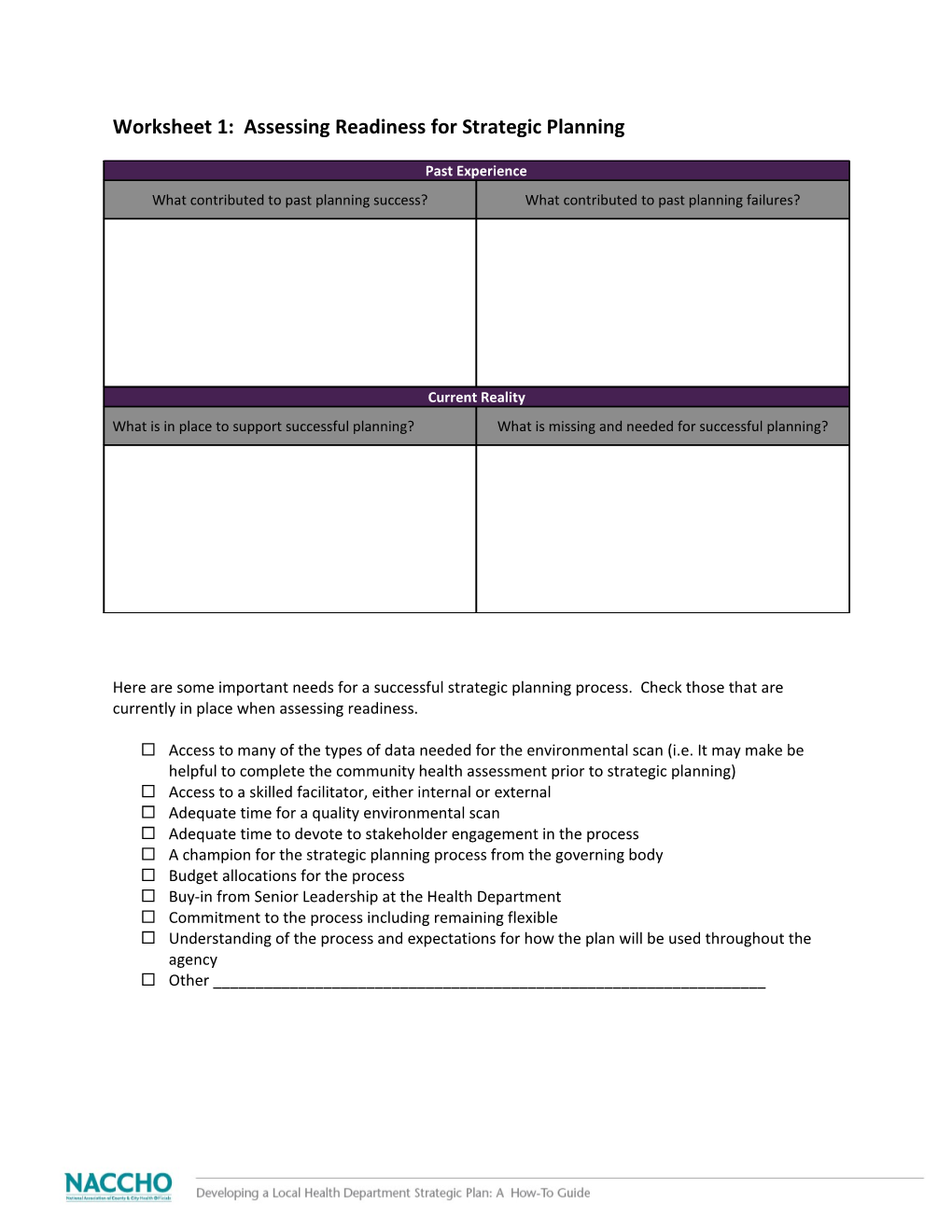 Worksheet 1: Assessing Readiness for Strategic Planning
