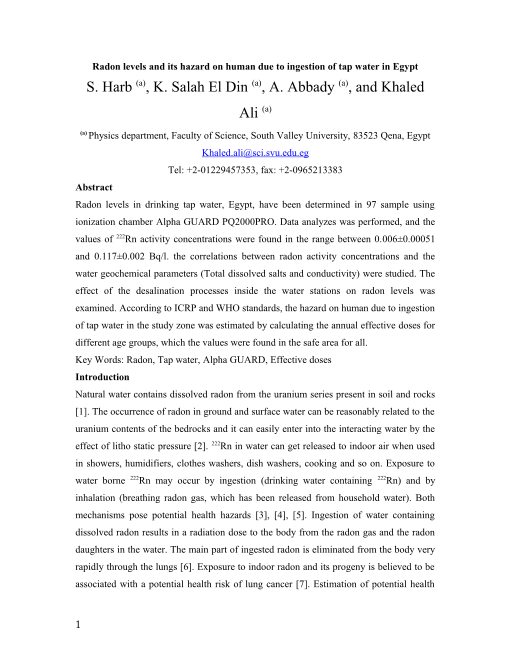 Radon Levels and Its Hazard on Human Due to Ingestion of Tap Water in Egypt