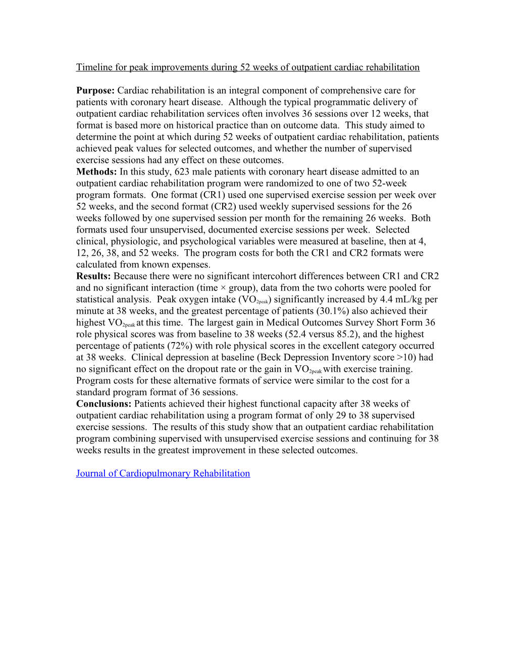 Timeline for Peak Improvements During 52 Weeks of Outpatient Cardiac Rehabilitation