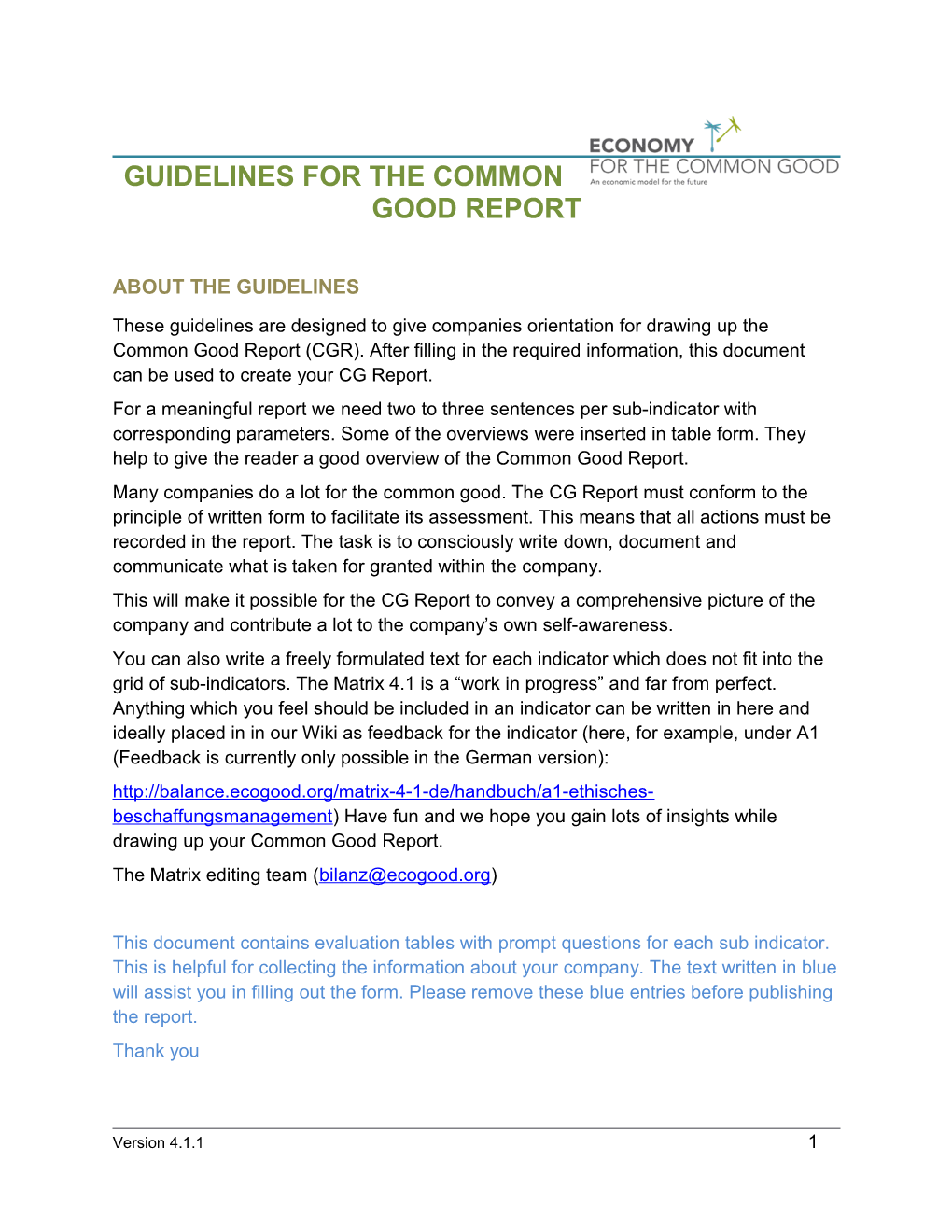 Guidelines for the Common Good Report
