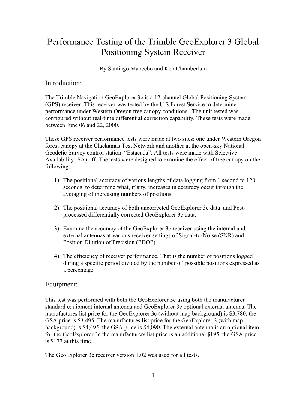 Performance Testing of the Trimble Geoexplorer 3 Global Positioning System Receiver