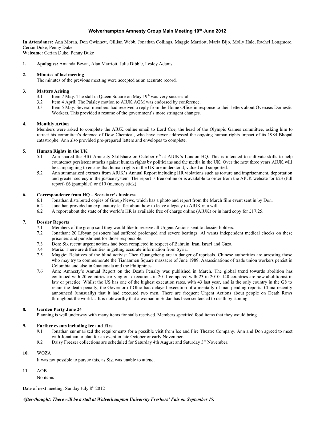 Wolverhampton Amnesty Group Main Meeting 10Th June 2012