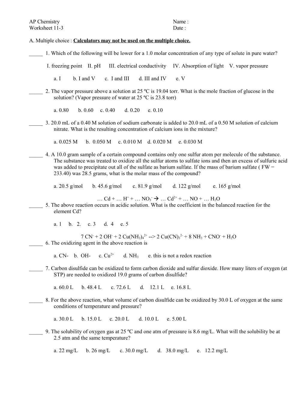 A. Multiple Choice : Calculators May Not Be Used on the Multiple Choice