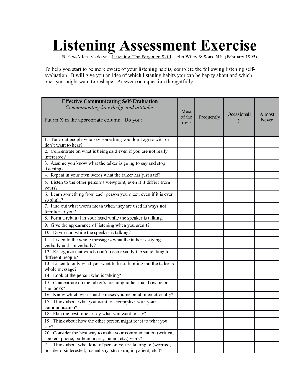 Listening Assessment Exercise