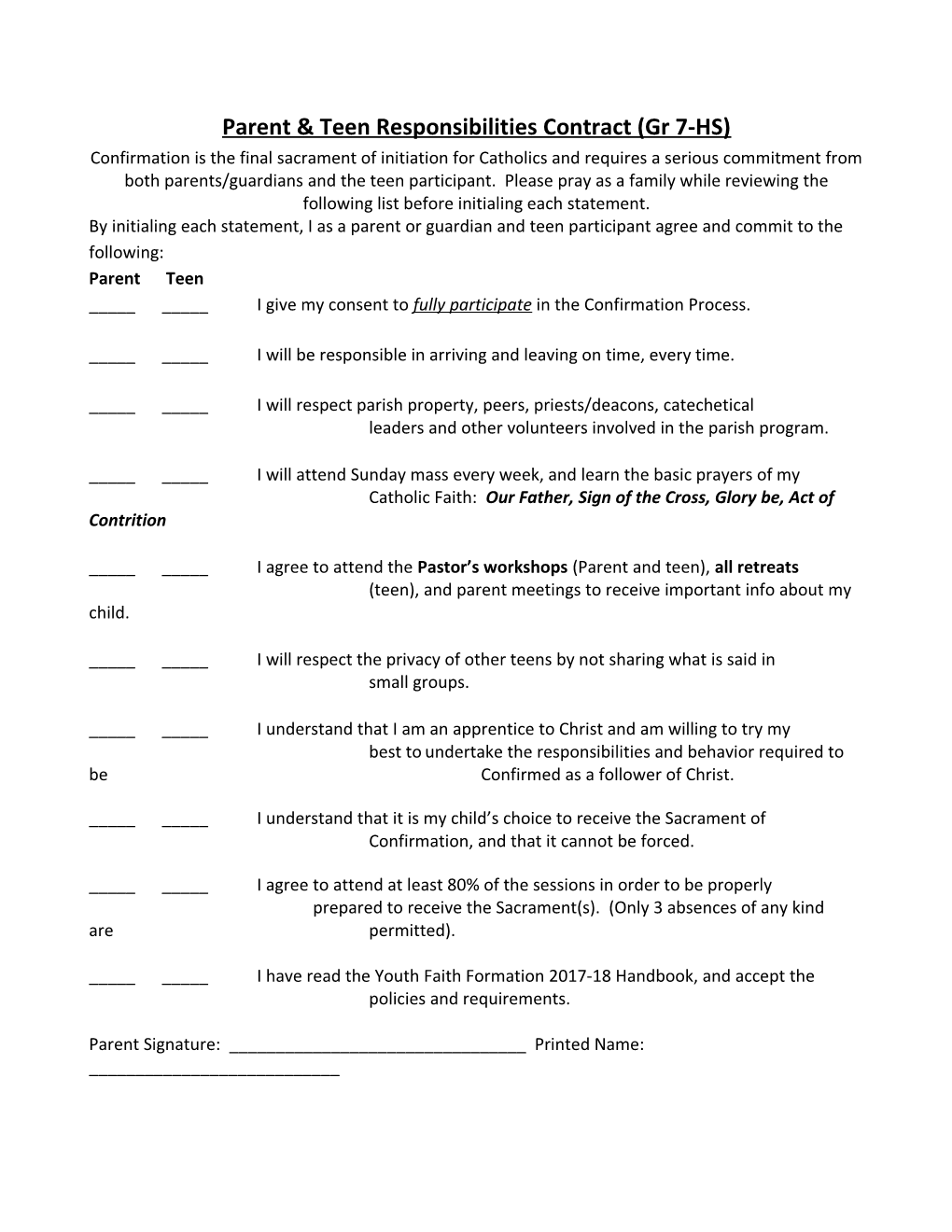 Parent & Teen Responsibilities Contract (Gr 7-HS)