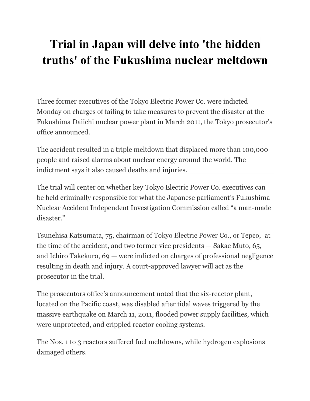 Trial in Japan Will Delve Into 'The Hidden Truths' of the Fukushima Nuclear Meltdown
