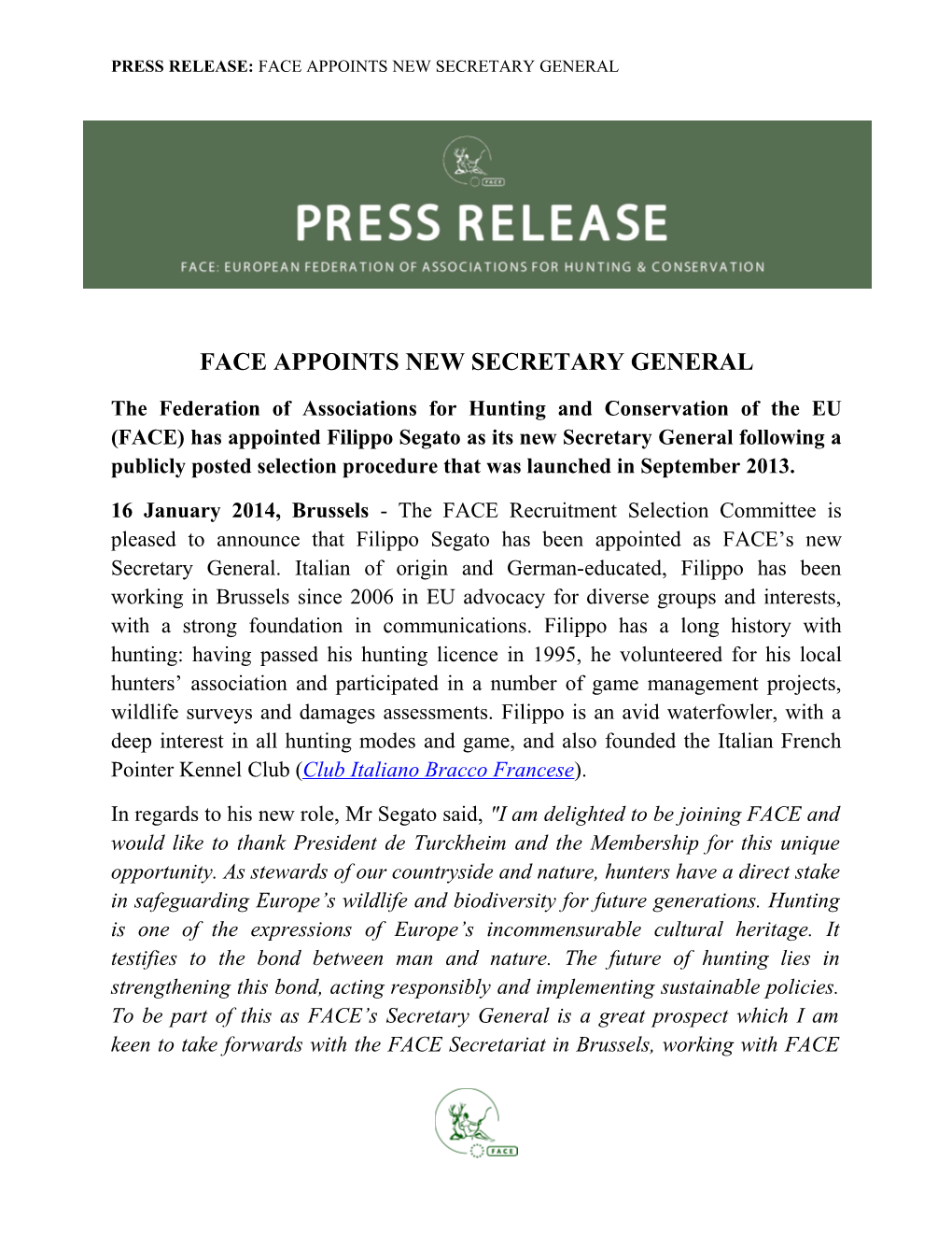 Press Release:Face Appoints New Secretary General