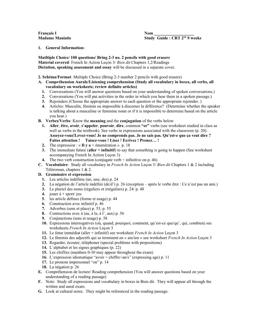 Madame Maniatisstudy Guide: CRT 2Nd 9 Weeks