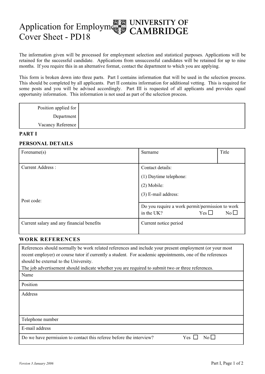 Form PD18: Application for Employment Cover Sheet