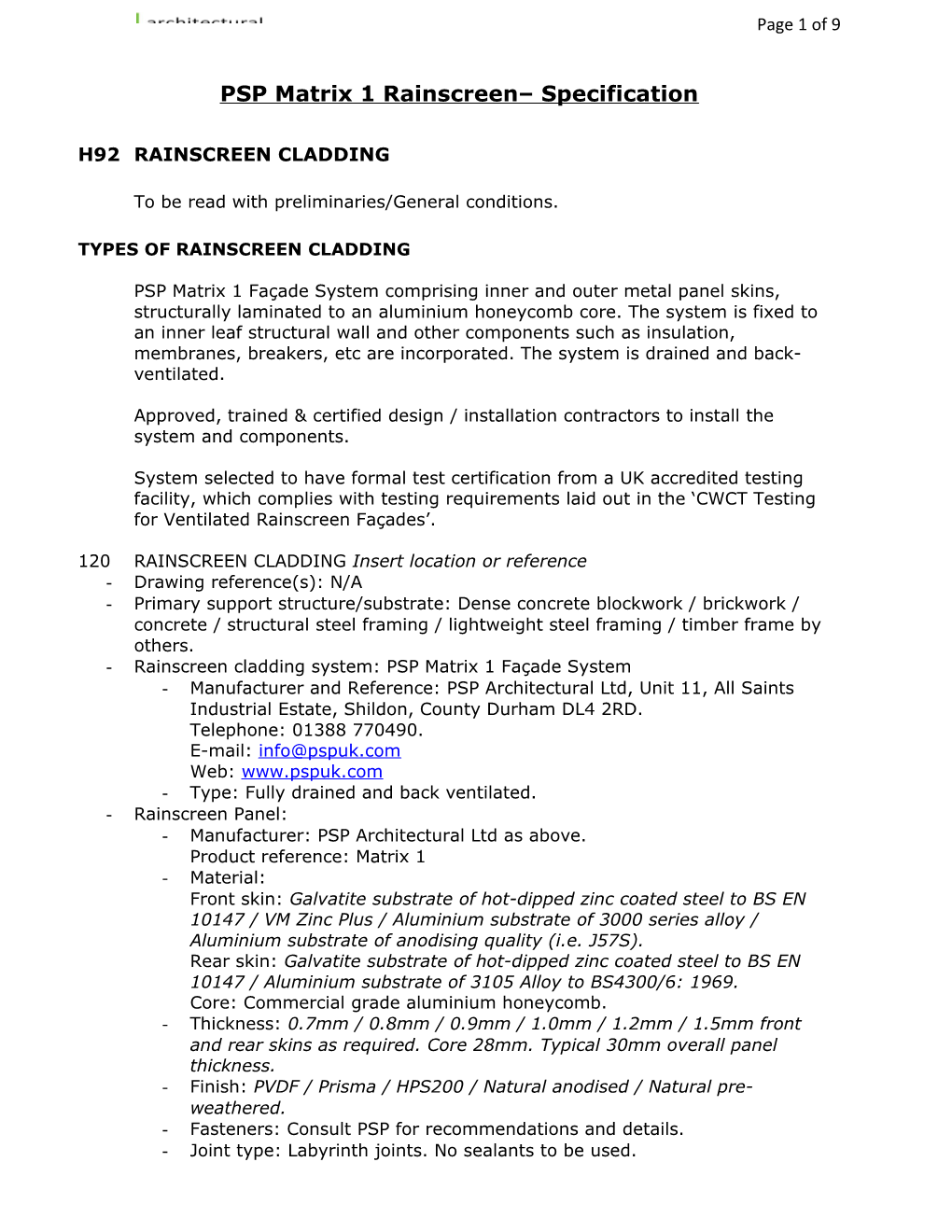 PSP Matrix 1Rainscreen Specification