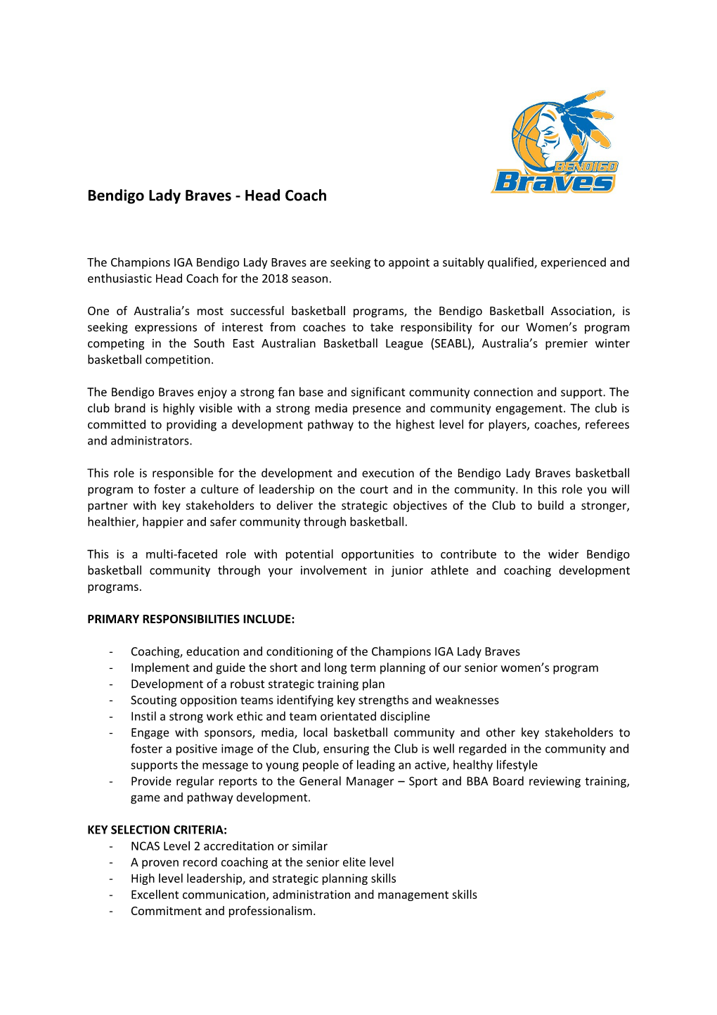 Bendigo Lady Braves - Head Coach